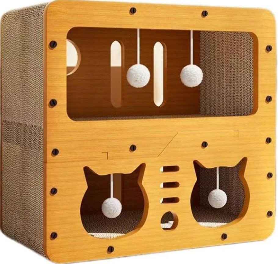 KFX-8727101 Wooden Cat House with Cardboard Construction for Cozy Cat Retreat