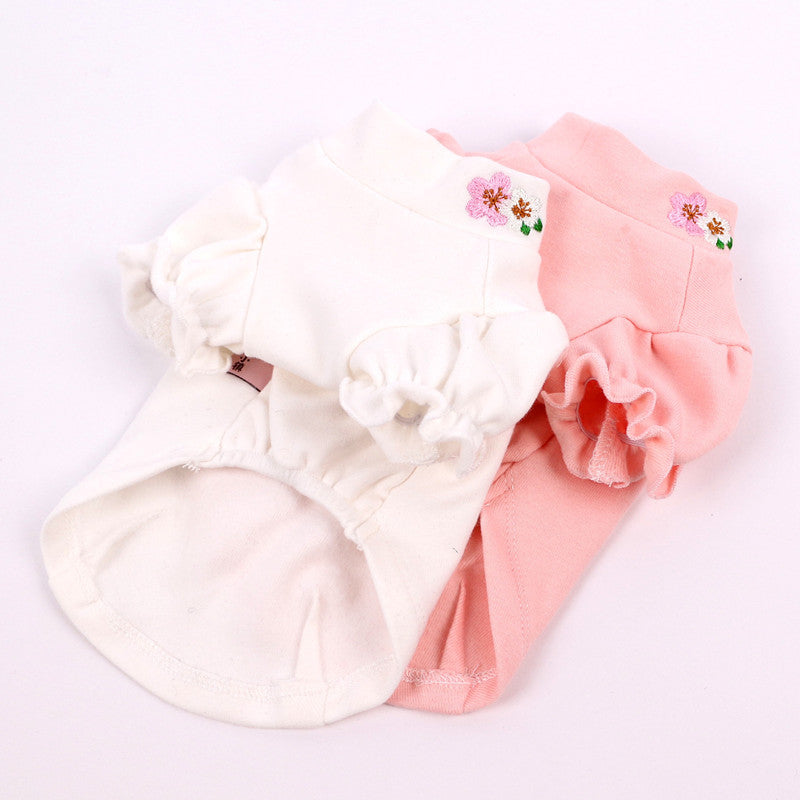 KFX-8727613 Cotton Puff Sleeve Dog Clothing with Cute Flower Embroidery - Available in Multiple Sizes