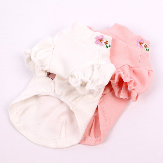 KFX-8727613 Cotton Puff Sleeve Dog Clothing with Cute Flower Embroidery - Available in Multiple Sizes