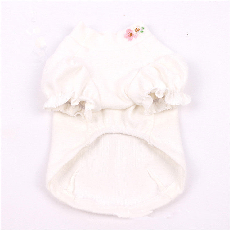 KFX-8727613 Cotton Puff Sleeve Dog Clothing with Cute Flower Embroidery - Available in Multiple Sizes