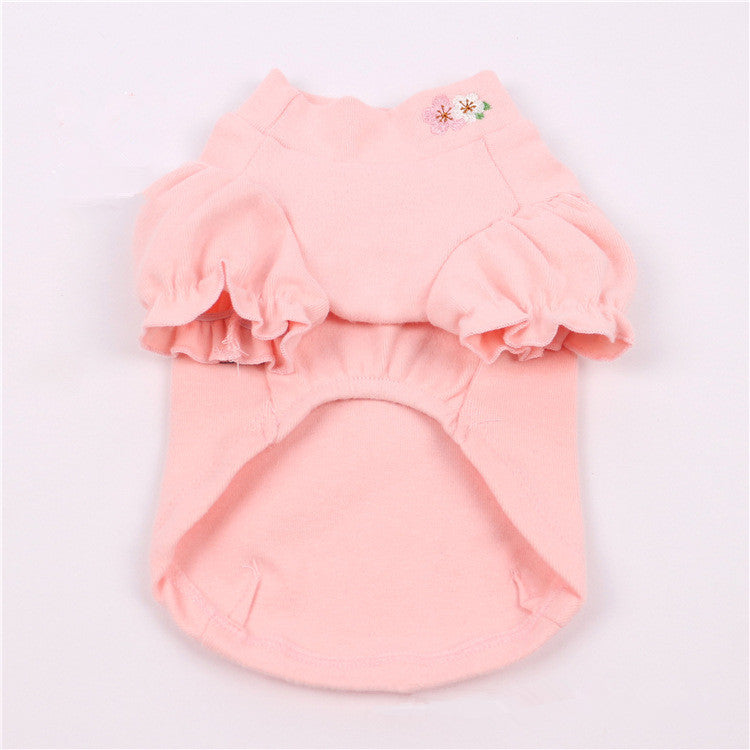 KFX-8727613 Cotton Puff Sleeve Dog Clothing with Cute Flower Embroidery - Available in Multiple Sizes