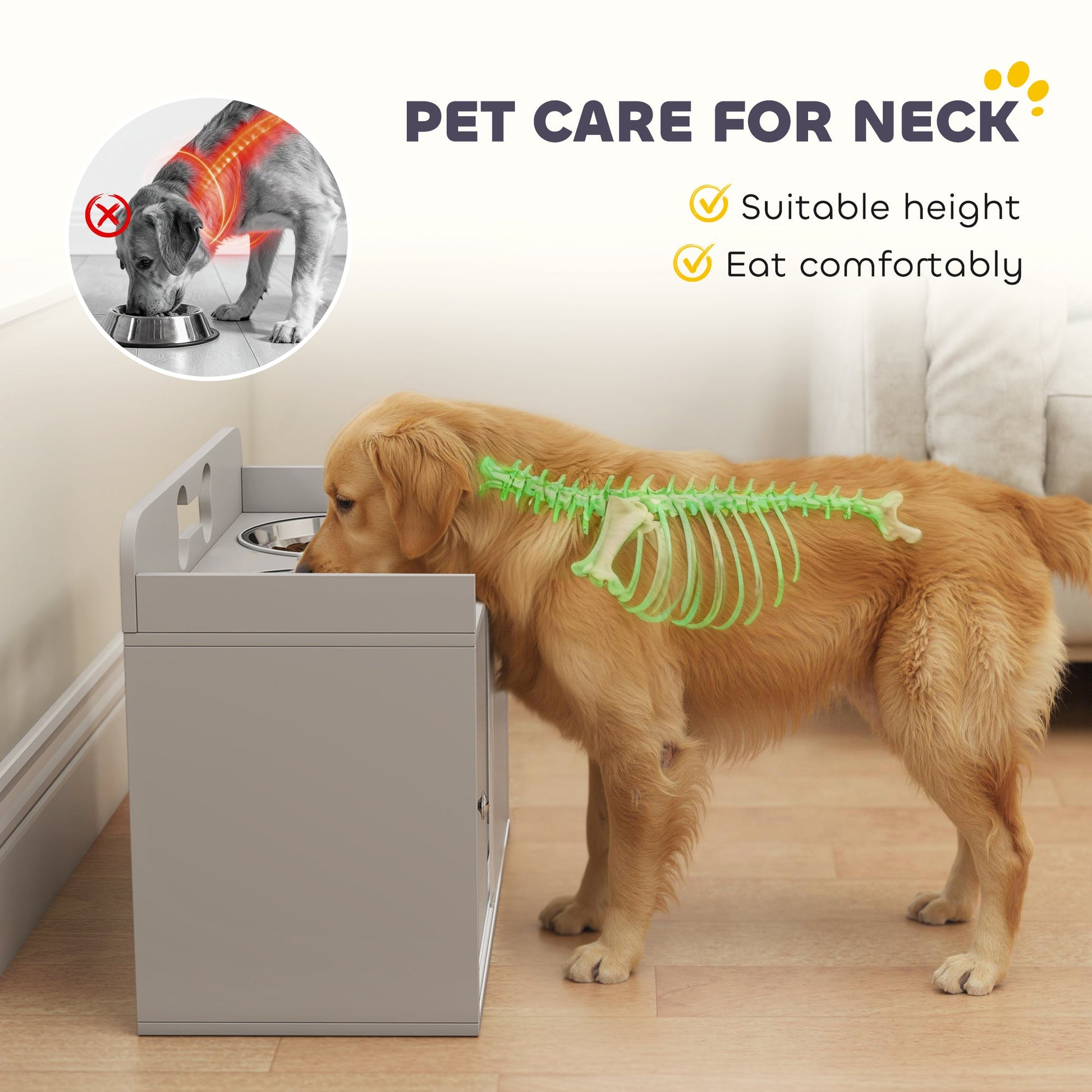 KFX-8729021 Elevated Dog Bowl Stand with Storage and Stainless Steel Bowls for Large Dogs - Gray