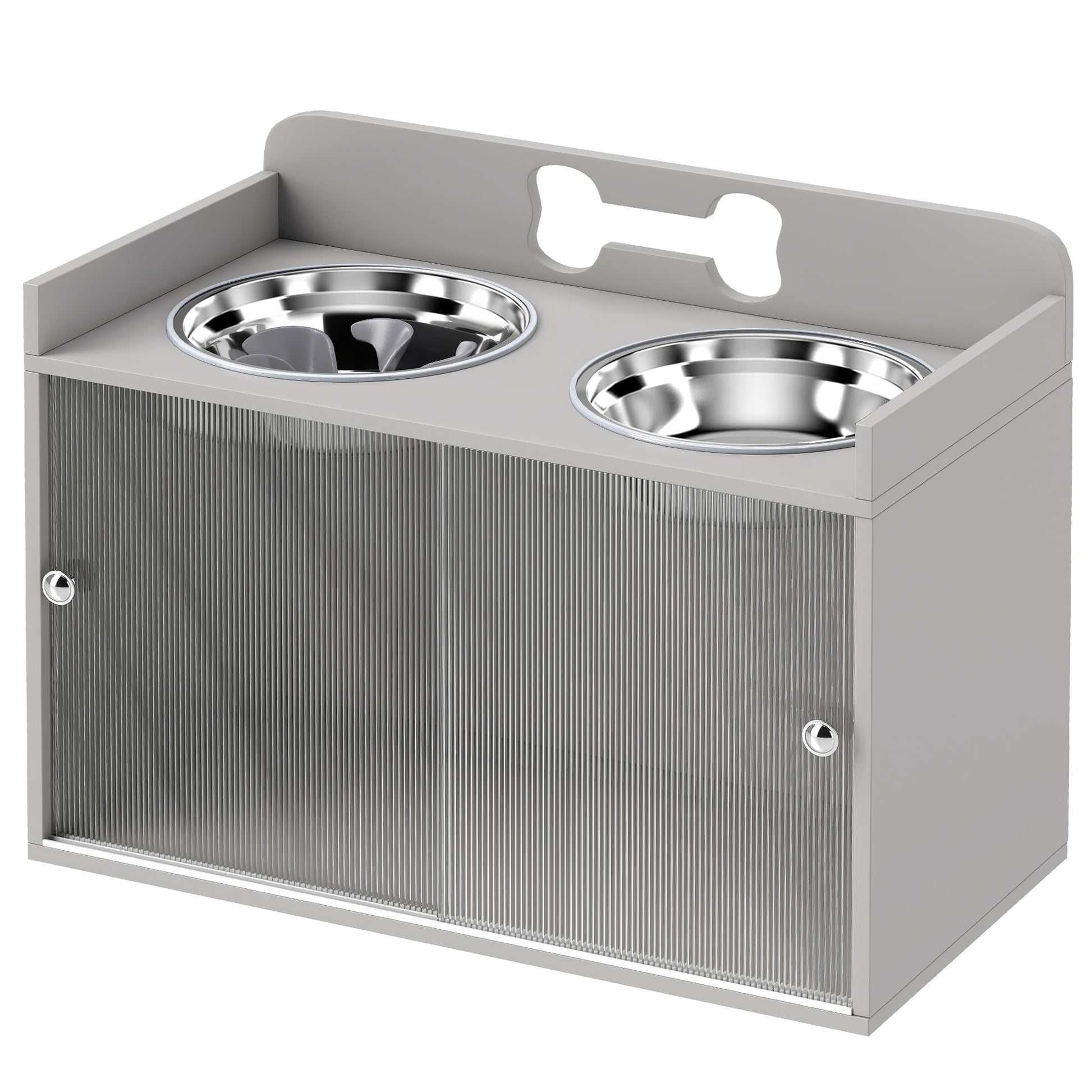 KFX-8729021 Elevated Dog Bowl Stand with Storage and Stainless Steel Bowls for Large Dogs - Gray