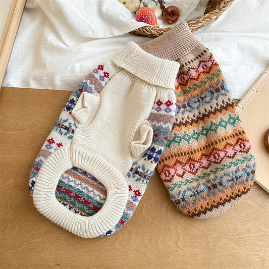 KFX-8730813 Retro Striped Beige Pet Sweater for Autumn and Winter - Unisex Design, Acrylic Material, Sizes XS to XL