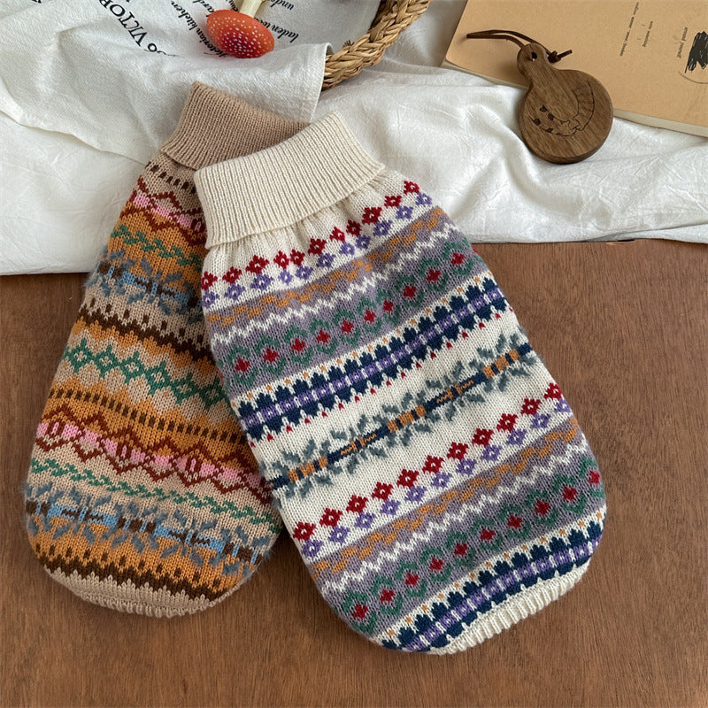 KFX-8730813 Retro Striped Beige Pet Sweater for Autumn and Winter - Unisex Design, Acrylic Material, Sizes XS to XL