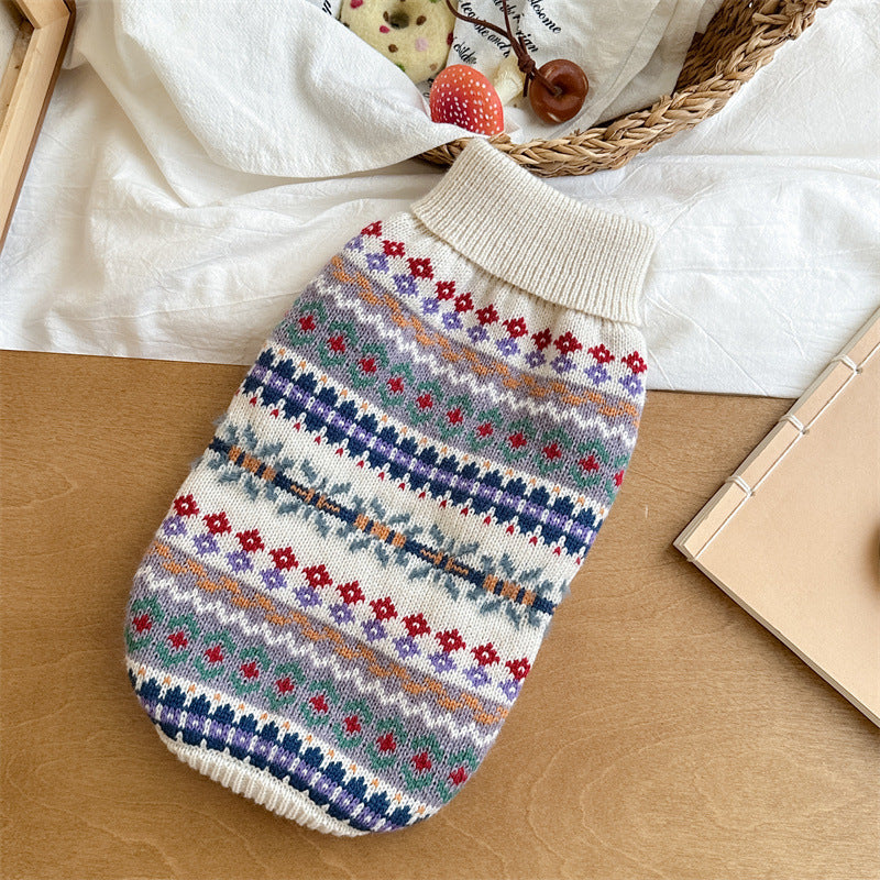 KFX-8730813 Retro Striped Beige Pet Sweater for Autumn and Winter - Unisex Design, Acrylic Material, Sizes XS to XL