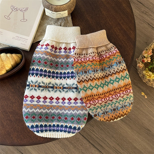 KFX-8730813 Retro Striped Beige Pet Sweater for Autumn and Winter - Unisex Design, Acrylic Material, Sizes XS to XL