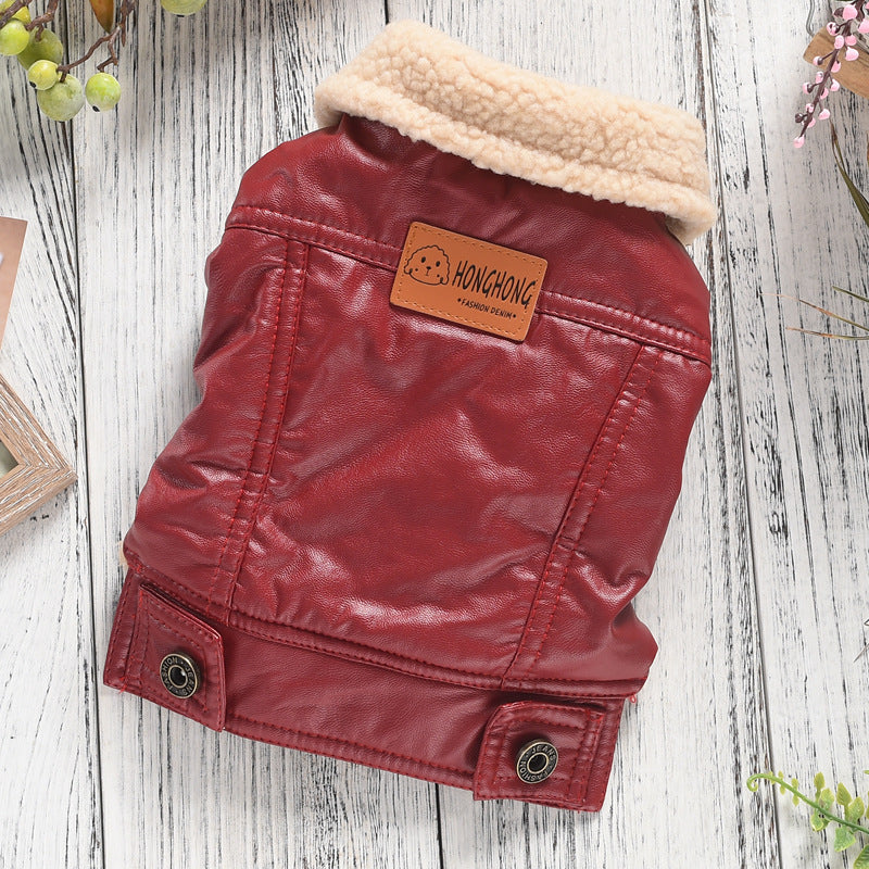 KFX-8733373 Fleece-Lined Two-Legged PU Pet Coat for Dogs and Cats - Autumn and Winter Warmth in Red or Black