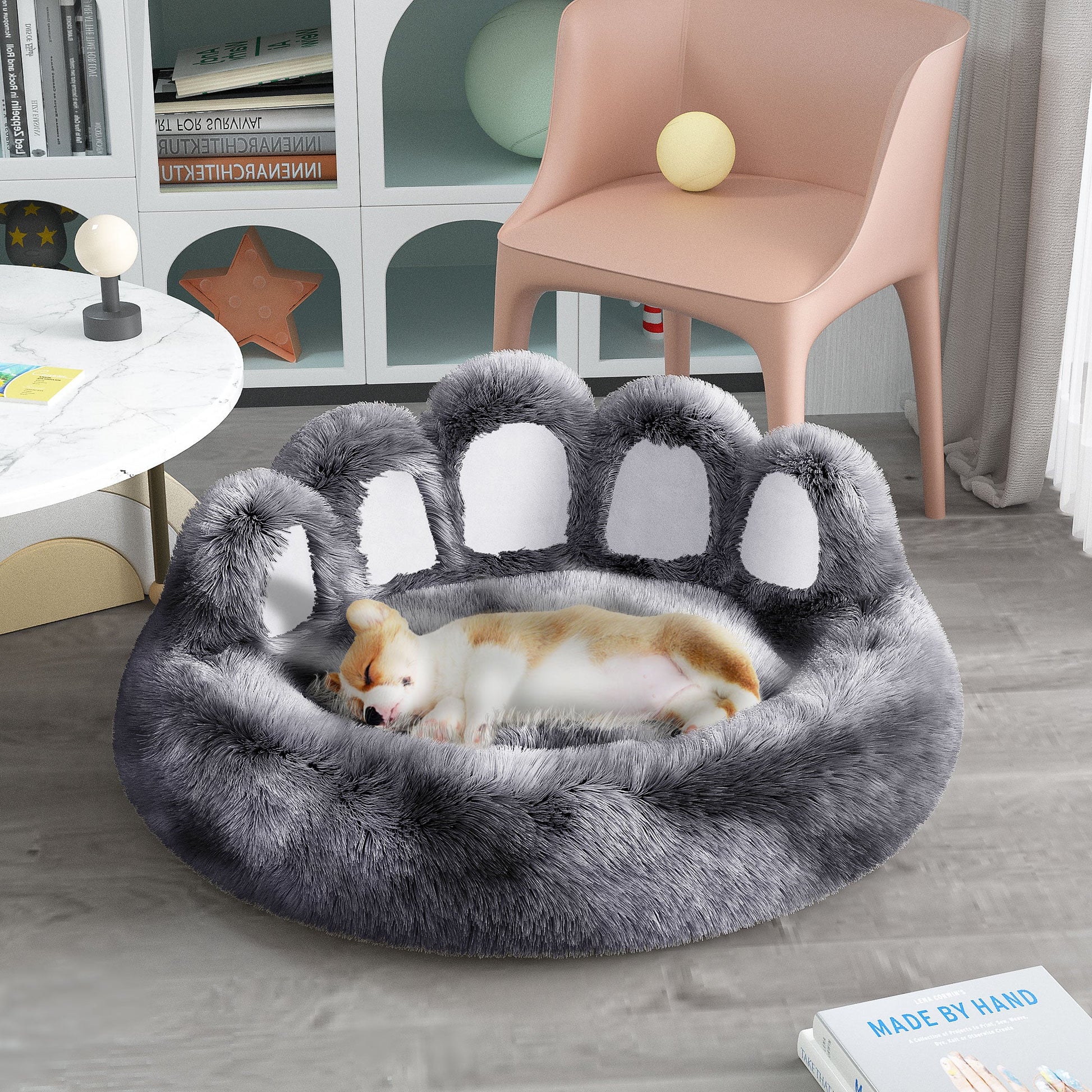 KFX-8740029 Cozy Bear Paw Design Pet Kennel with Removable Washable Fluffy Bed Mat for Cats and Dogs