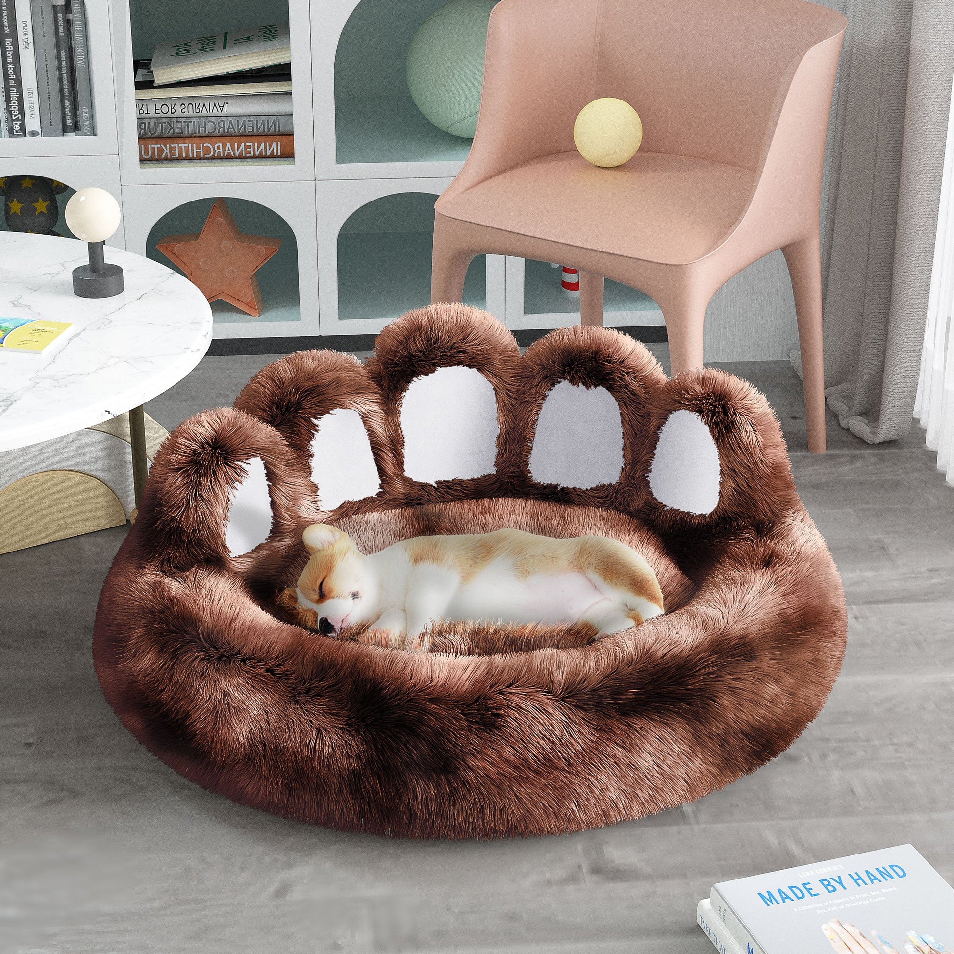 KFX-8740029 Cozy Bear Paw Design Pet Kennel with Removable Washable Fluffy Bed Mat for Cats and Dogs