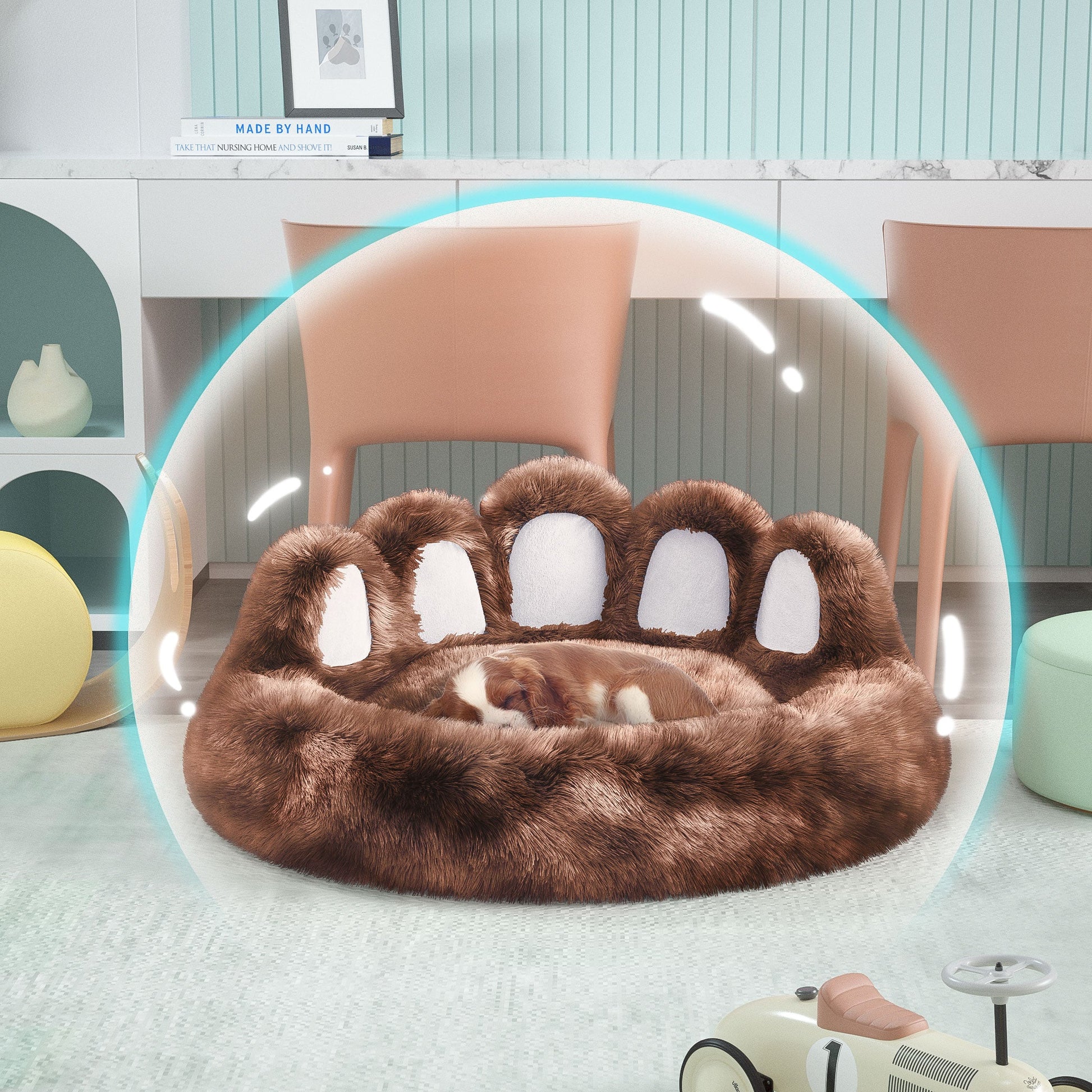 KFX-8740029 Cozy Bear Paw Design Pet Kennel with Removable Washable Fluffy Bed Mat for Cats and Dogs