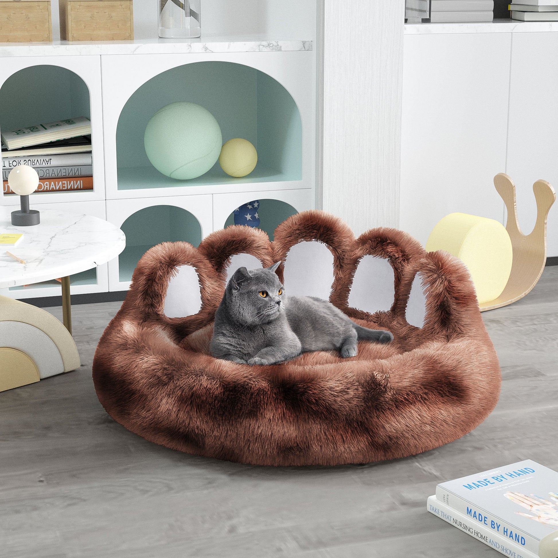 KFX-8740029 Cozy Bear Paw Design Pet Kennel with Removable Washable Fluffy Bed Mat for Cats and Dogs