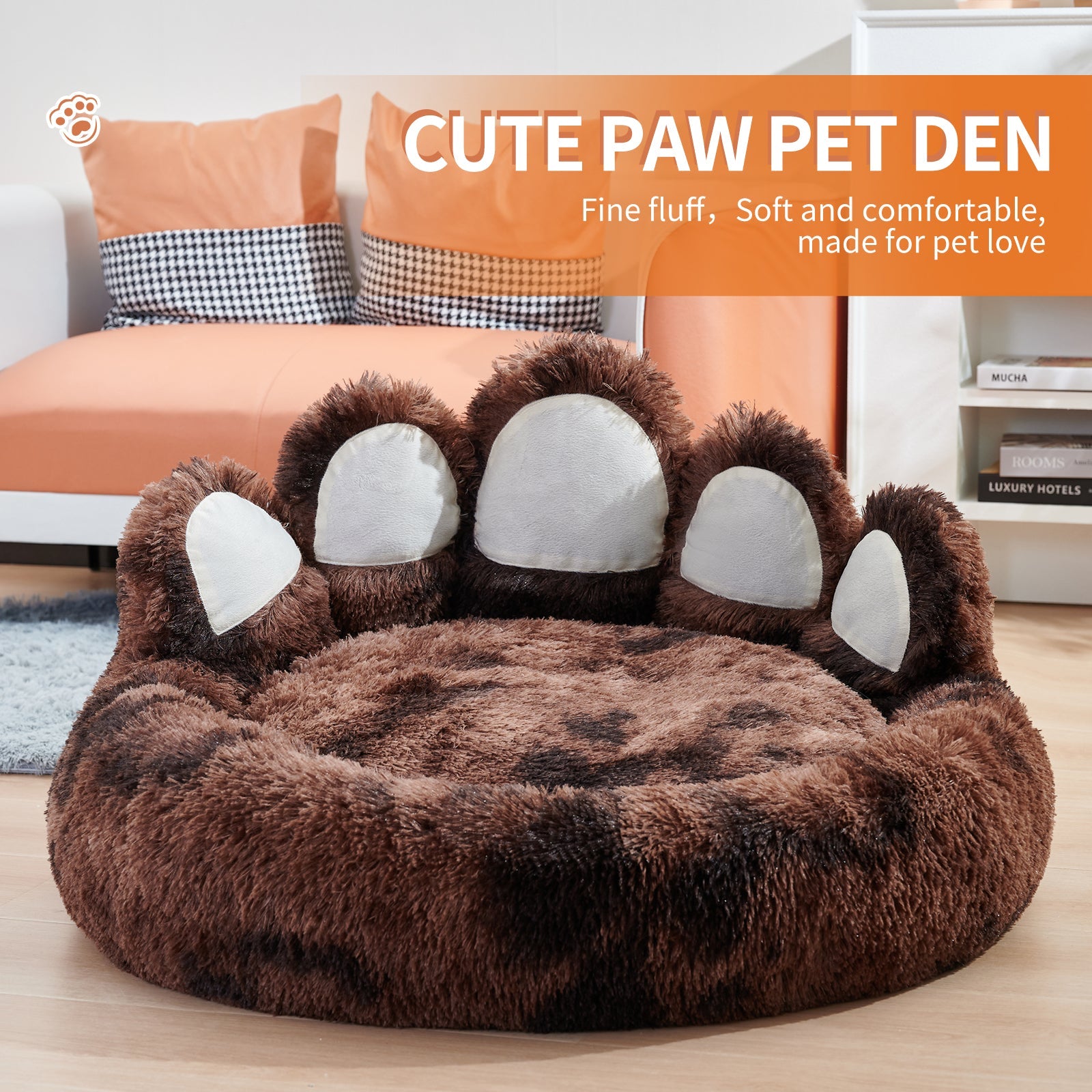 KFX-8740029 Cozy Bear Paw Design Pet Kennel with Removable Washable Fluffy Bed Mat for Cats and Dogs