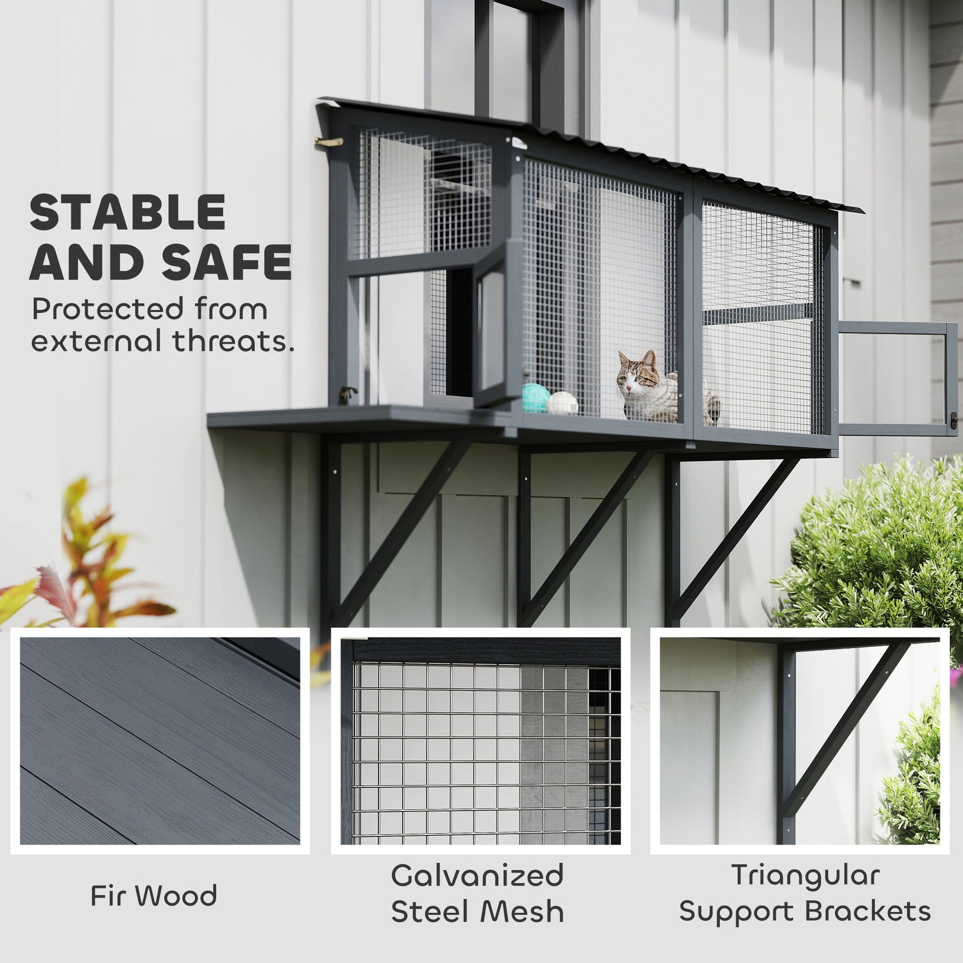 KFX-8742205 Gray Wooden Cat Catio with Jumping Platform for Outdoor Enjoyment and Secure Viewing
