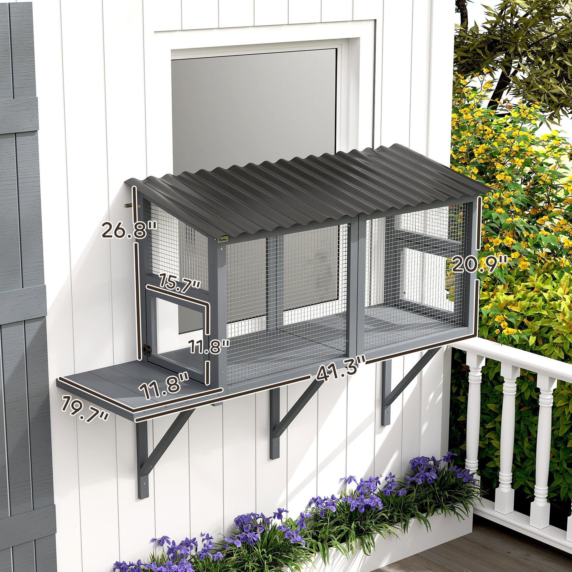 KFX-8742205 Gray Wooden Cat Catio with Jumping Platform for Outdoor Enjoyment and Secure Viewing