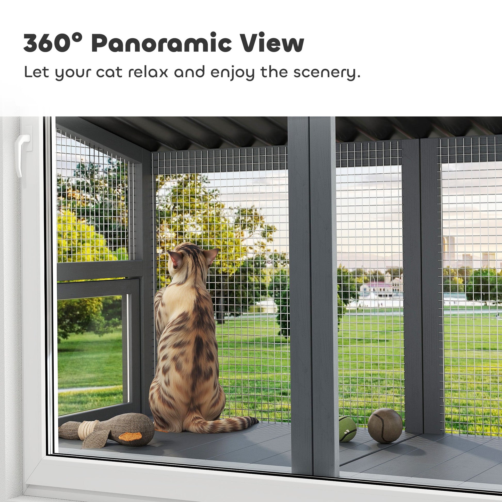 KFX-8742205 Gray Wooden Cat Catio with Jumping Platform for Outdoor Enjoyment and Secure Viewing