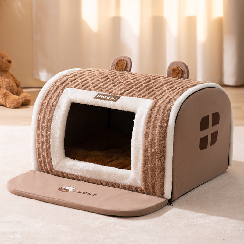 KFX-8742589 Cozy Three-Dimensional Bear Arc Pet Bed for Small Dogs in Lomi Brown and Jass Gray