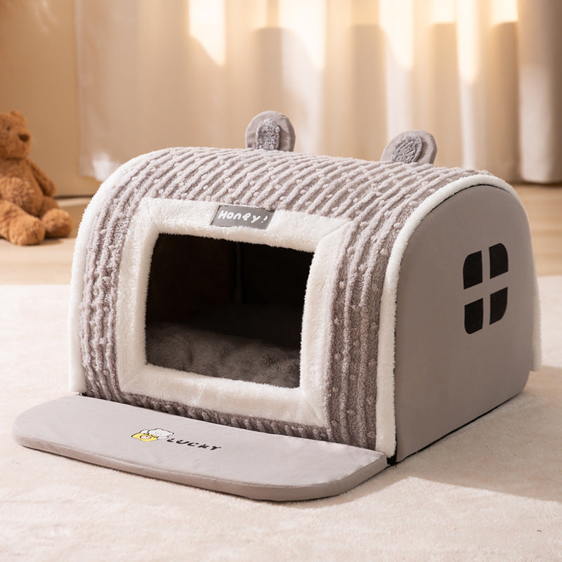 KFX-8742589 Cozy Three-Dimensional Bear Arc Pet Bed for Small Dogs in Lomi Brown and Jass Gray