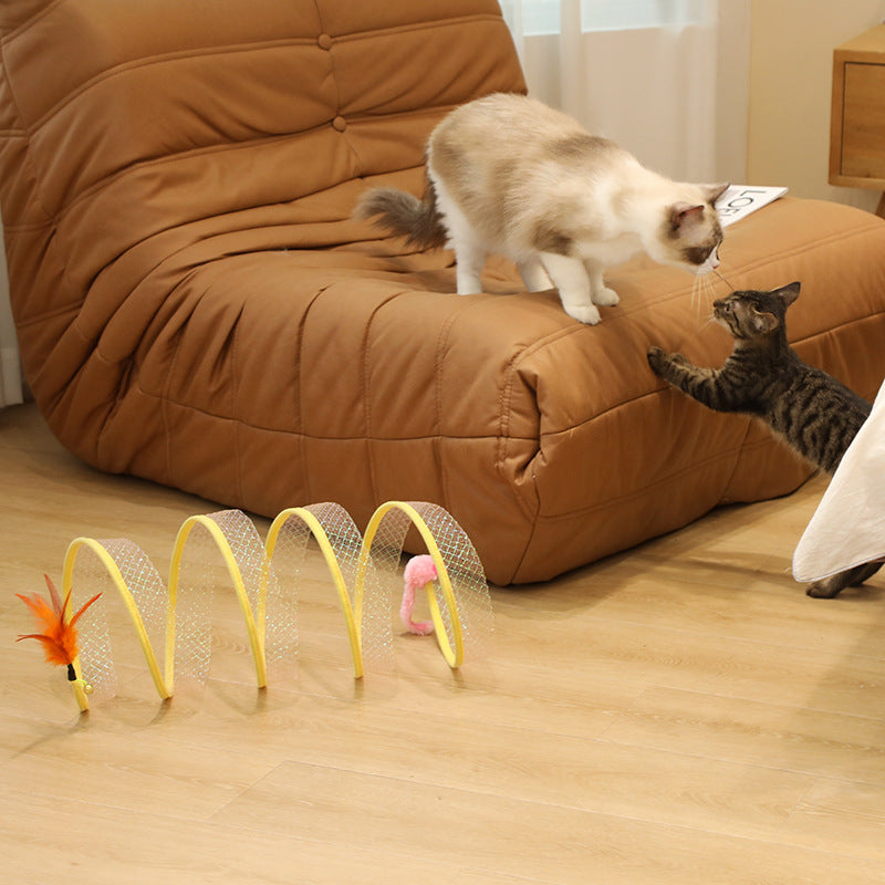 KFX-8743613 S-type Foldable Cat Tunnel Toy with Mouse Feather and Sisal Ball