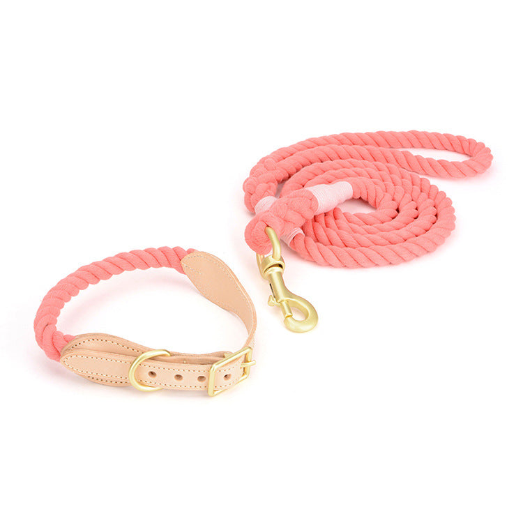 KFX-8744125 Cotton Rope and Leather Dog Leash with Collar - Adjustable Sizes S to XL