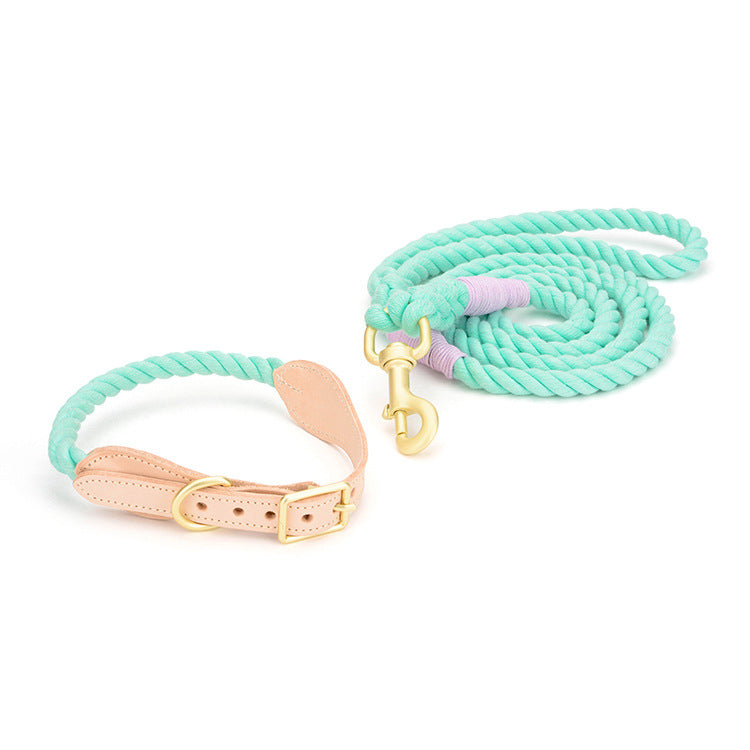 KFX-8744125 Cotton Rope and Leather Dog Leash with Collar - Adjustable Sizes S to XL