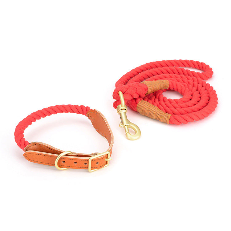 KFX-8744125 Cotton Rope and Leather Dog Leash with Collar - Adjustable Sizes S to XL