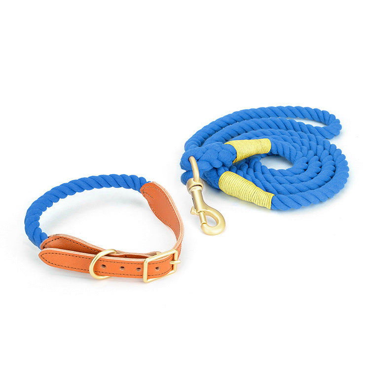 KFX-8744125 Cotton Rope and Leather Dog Leash with Collar - Adjustable Sizes S to XL