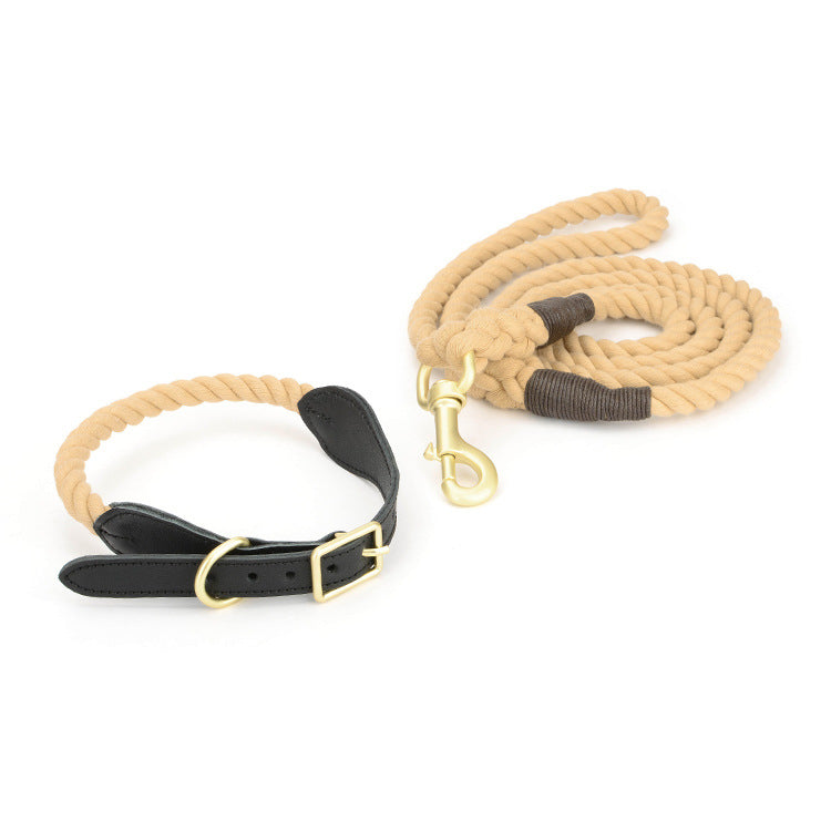 KFX-8744125 Cotton Rope and Leather Dog Leash with Collar - Adjustable Sizes S to XL