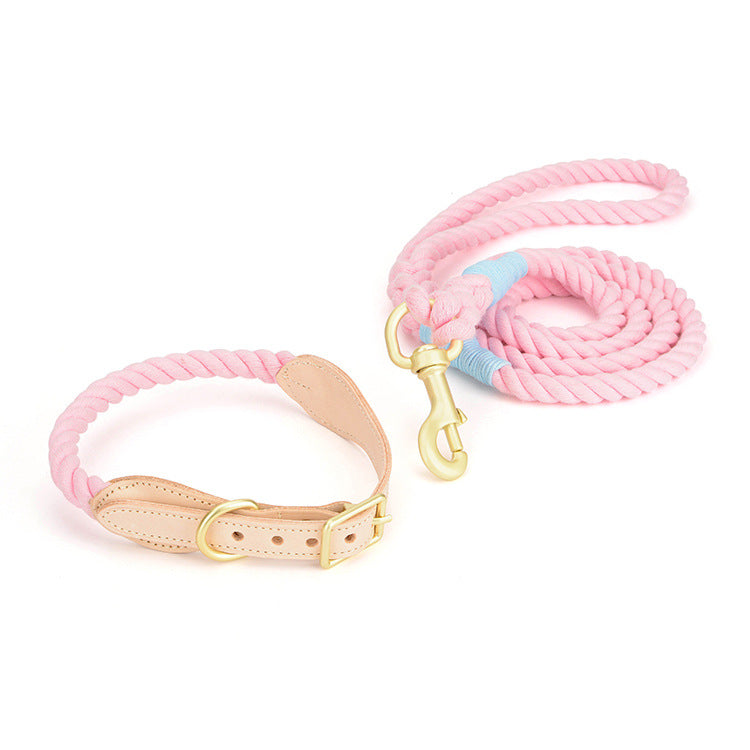 KFX-8744125 Cotton Rope and Leather Dog Leash with Collar - Adjustable Sizes S to XL