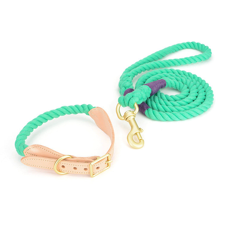 KFX-8744125 Cotton Rope and Leather Dog Leash with Collar - Adjustable Sizes S to XL