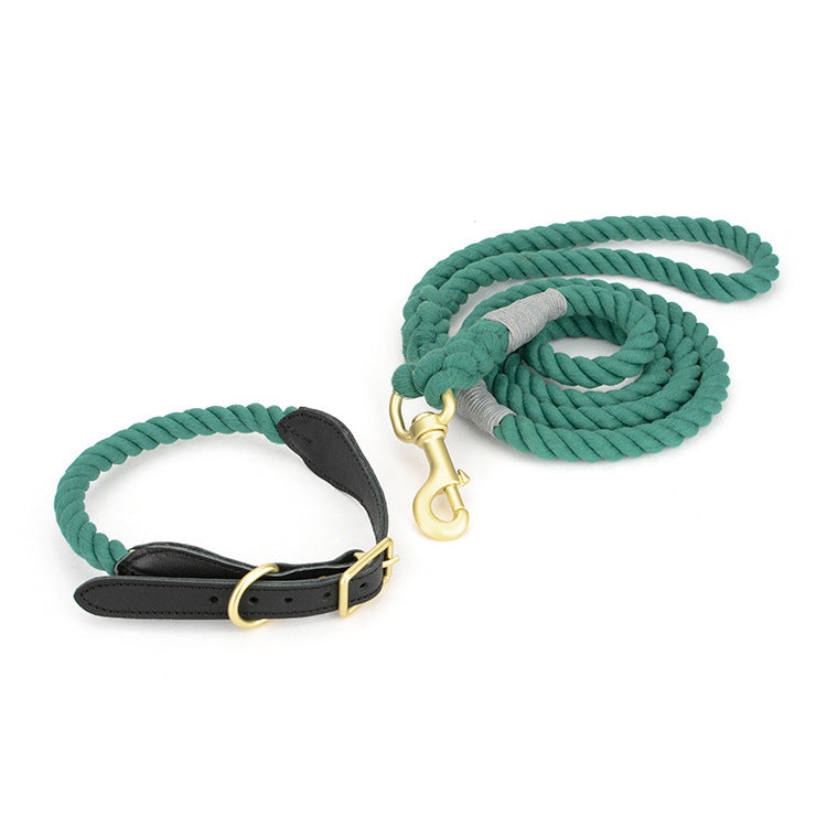 KFX-8744125 Cotton Rope and Leather Dog Leash with Collar - Adjustable Sizes S to XL