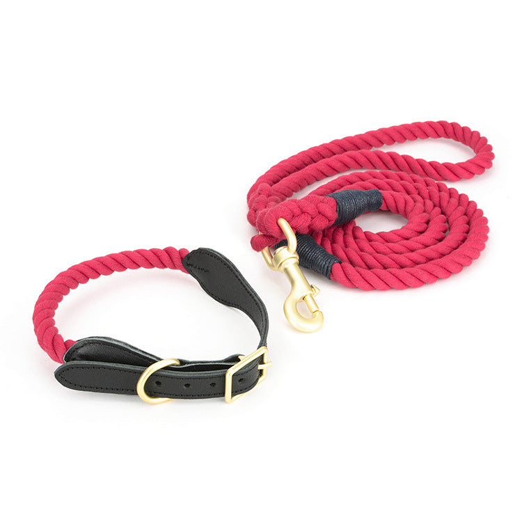 KFX-8744125 Cotton Rope and Leather Dog Leash with Collar - Adjustable Sizes S to XL
