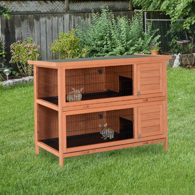 KFX-8747965 2-Tier Outdoor Rabbit Hutch with Removable Dividers and Pull-Out Trays, Orange