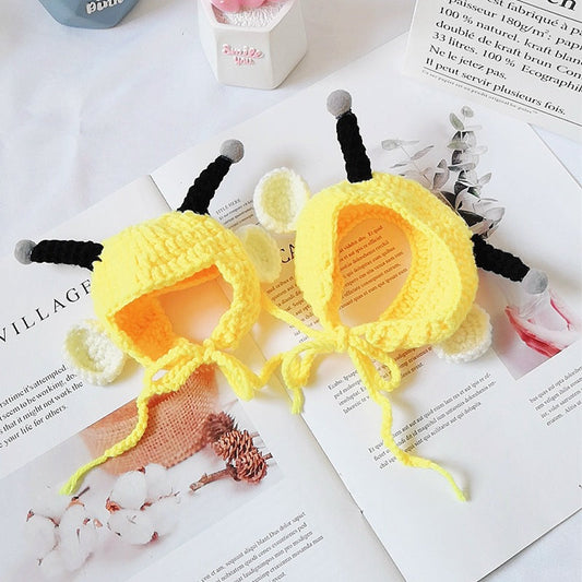 KFX-8749117 Bee-Themed Knitted Hat for Pets - Adjustable Cotton Headgear for Dogs and Cats