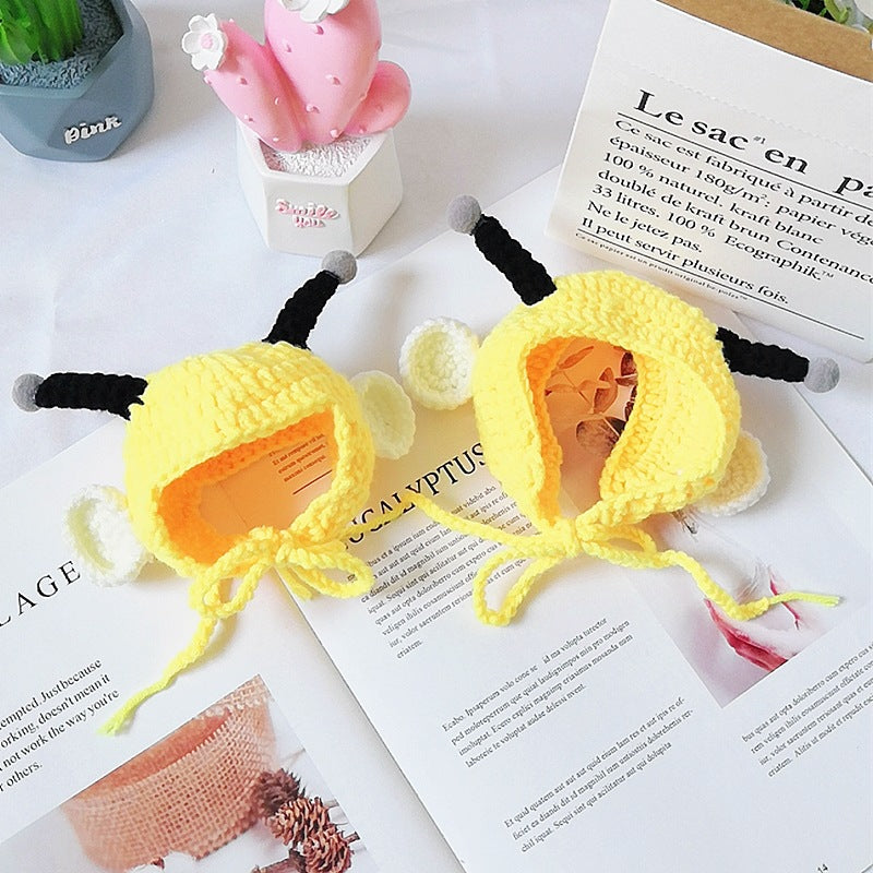 KFX-8749117 Bee-Themed Knitted Hat for Pets - Adjustable Cotton Headgear for Dogs and Cats