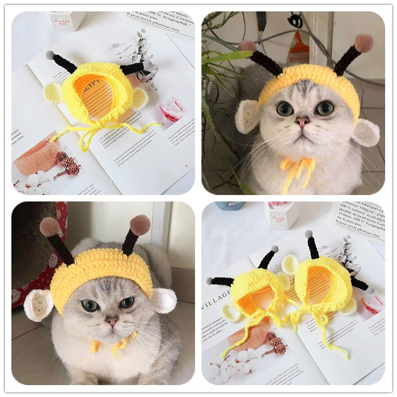 KFX-8749117 Bee-Themed Knitted Hat for Pets - Adjustable Cotton Headgear for Dogs and Cats