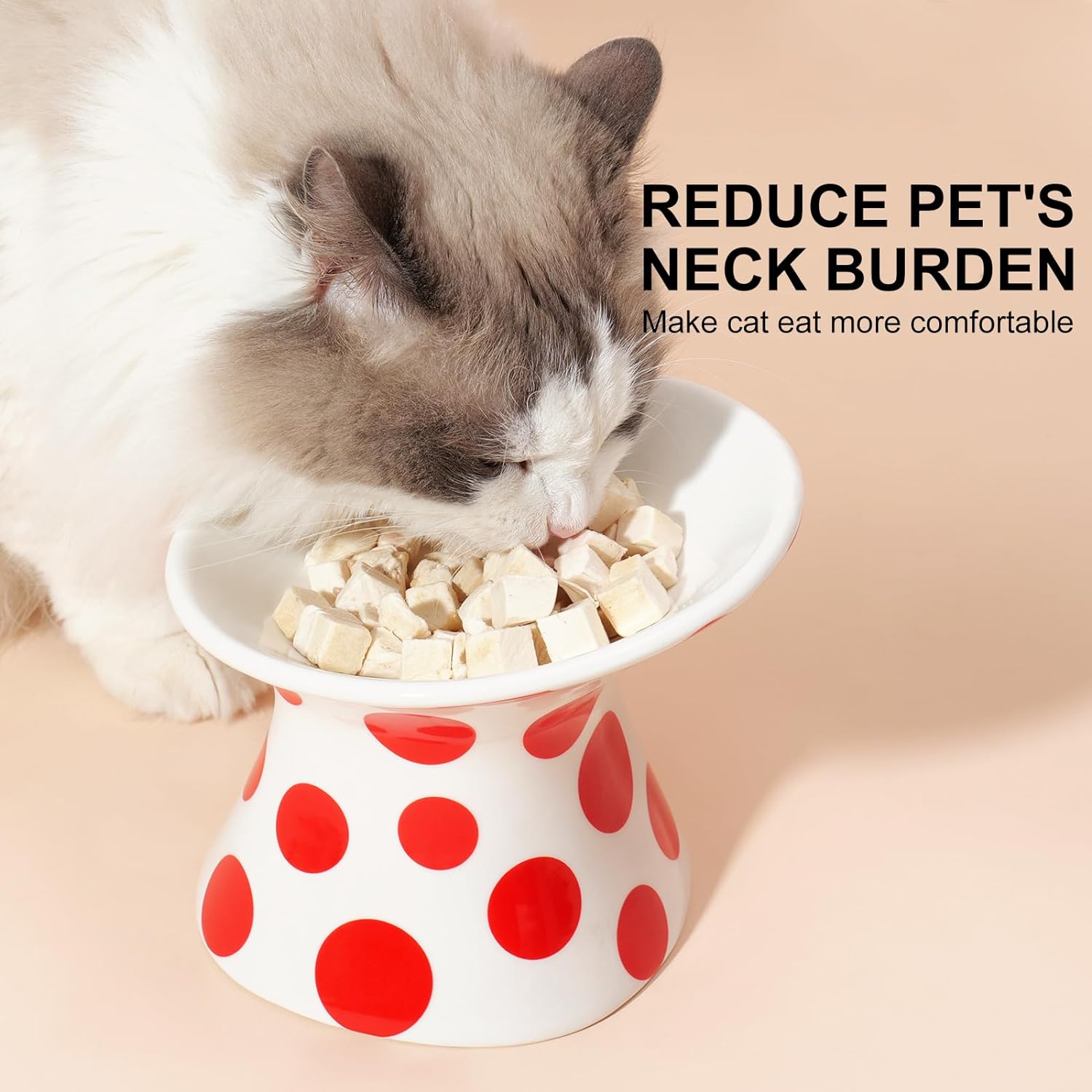 KFX-8751549 Extra Wide Elevated Ceramic Cat Food Bowl - Tilted Design for Comfort, Red Polka Dot, Dishwasher & Microwave Safe