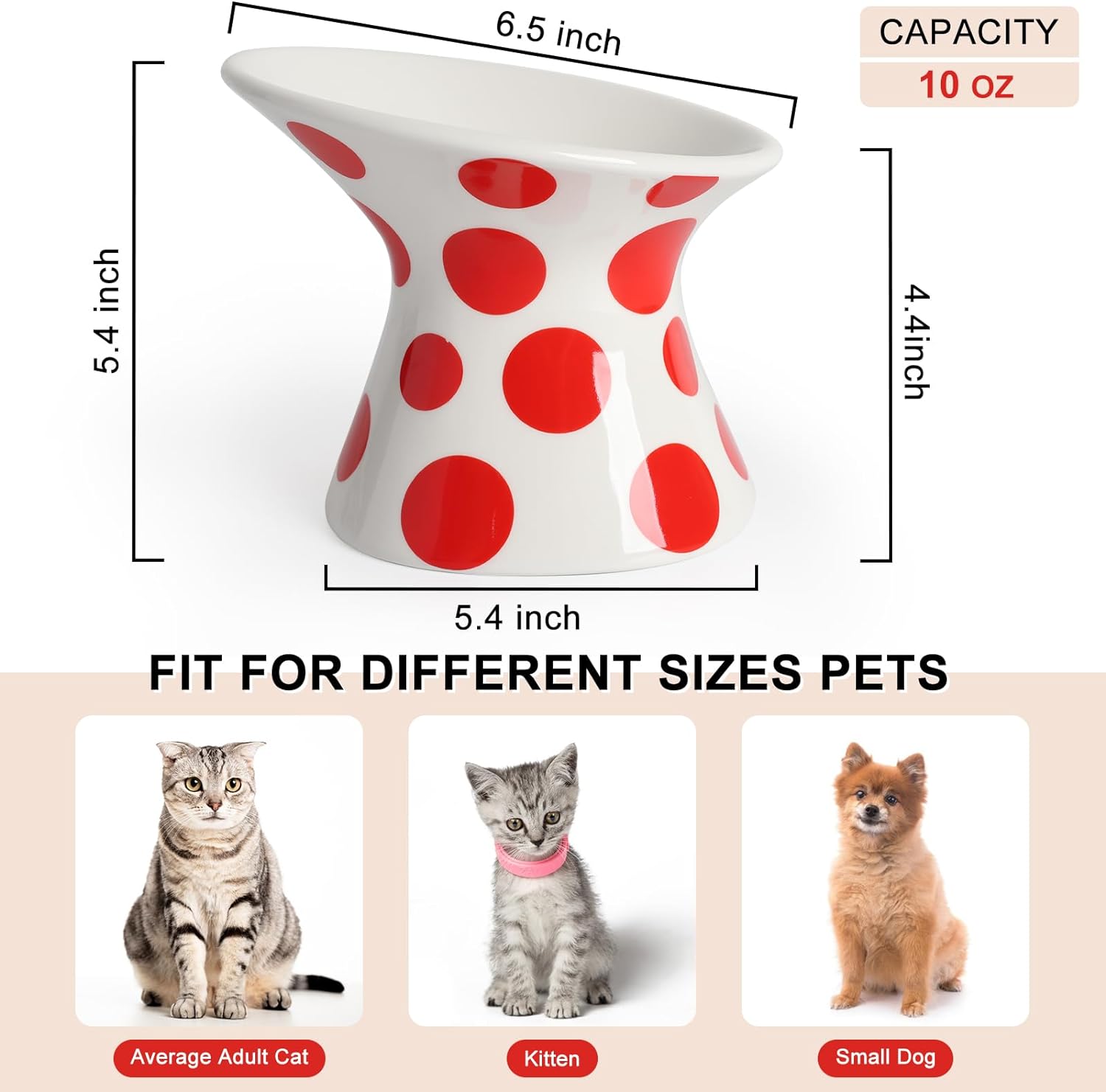 KFX-8751549 Extra Wide Elevated Ceramic Cat Food Bowl - Tilted Design for Comfort, Red Polka Dot, Dishwasher & Microwave Safe