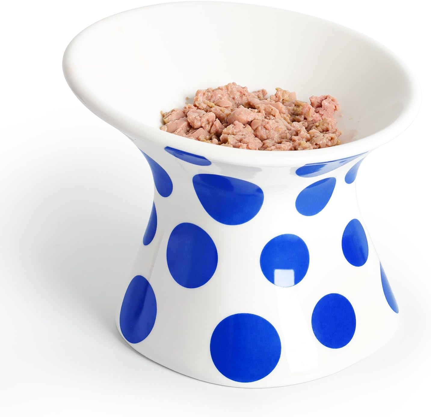 KFX-8751549 Extra Wide Elevated Ceramic Cat Food Bowl - Tilted Design for Comfort, Red Polka Dot, Dishwasher & Microwave Safe