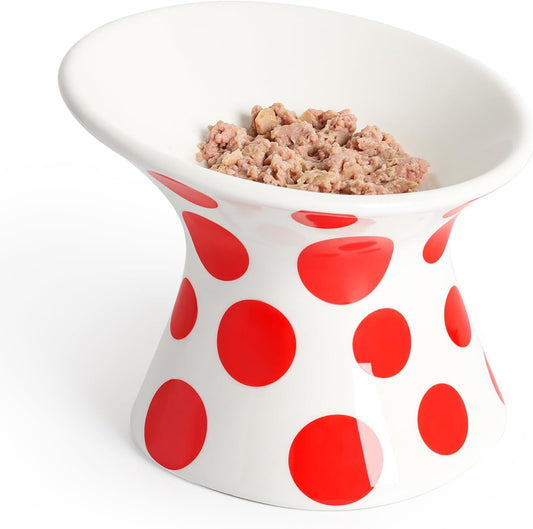 KFX-8751549 Extra Wide Elevated Ceramic Cat Food Bowl - Tilted Design for Comfort, Red Polka Dot, Dishwasher & Microwave Safe