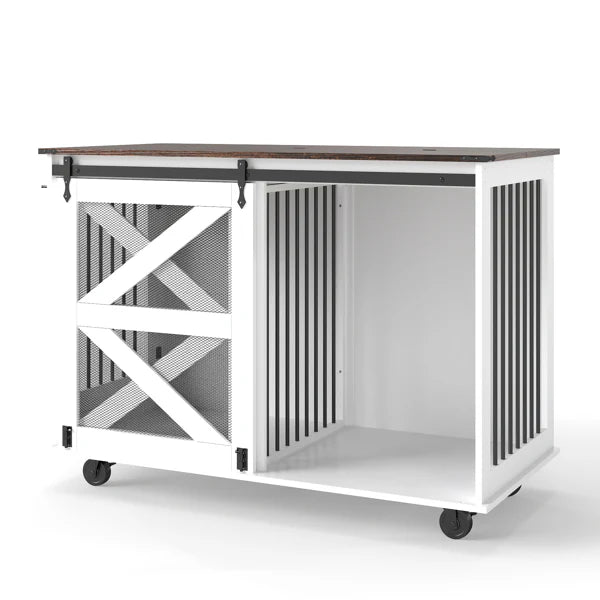 KFX-8753725 Dual-Access Mobile Dog Crate with Flip-Top Feeding Door and Caster System for Convenient Pet Care