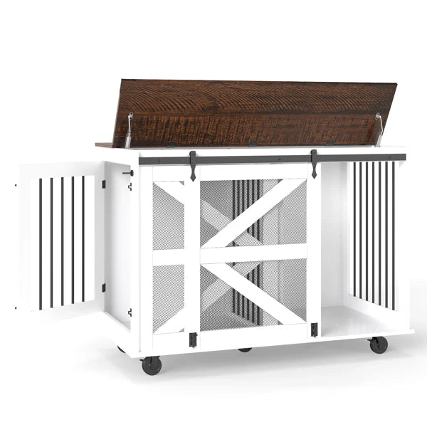 KFX-8753725 Dual-Access Mobile Dog Crate with Flip-Top Feeding Door and Caster System for Convenient Pet Care