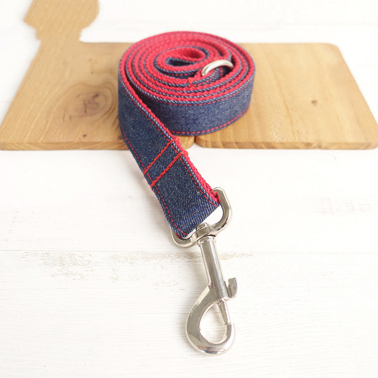 KFX-8753853 Scalable Denim Blue Pet Dog Leash, Durable Polyester Traction Belt in Red Denim