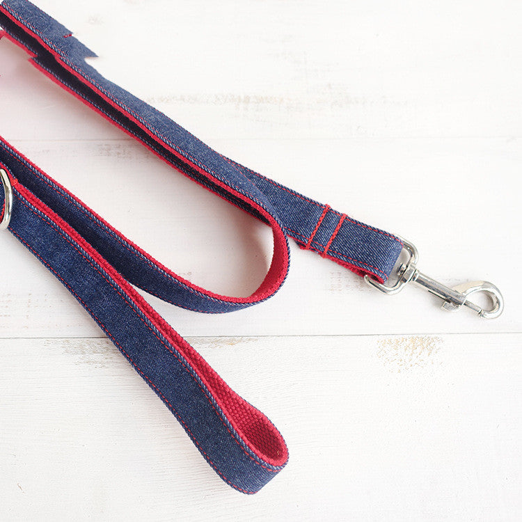 KFX-8753853 Scalable Denim Blue Pet Dog Leash, Durable Polyester Traction Belt in Red Denim