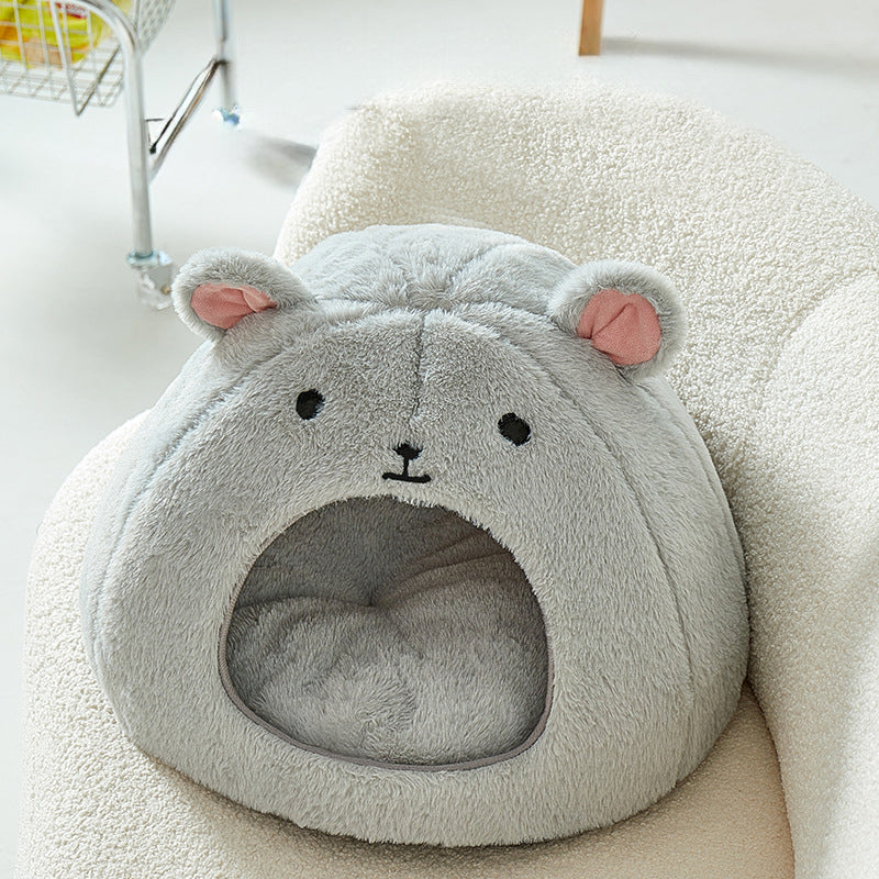 KFX-8754109 Comfortable Soft Fluffy Cat and Dog House Mat - Funny Mouse and Cat Design, Cotton Fabric, Light Gray