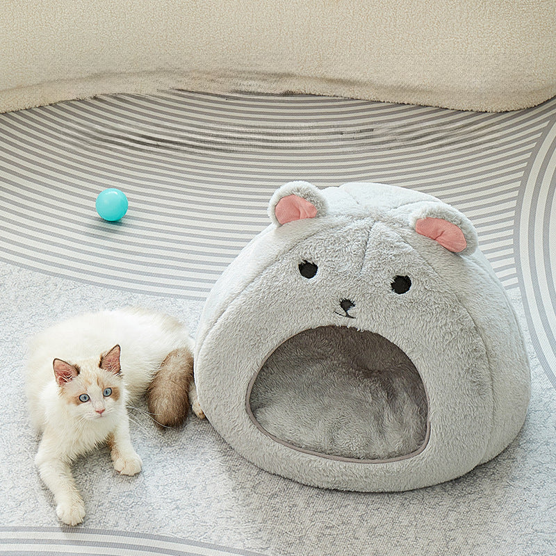KFX-8754109 Comfortable Soft Fluffy Cat and Dog House Mat - Funny Mouse and Cat Design, Cotton Fabric, Light Gray
