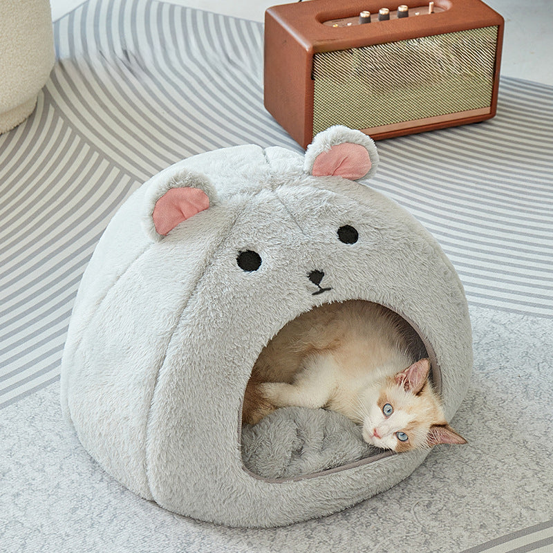 KFX-8754109 Comfortable Soft Fluffy Cat and Dog House Mat - Funny Mouse and Cat Design, Cotton Fabric, Light Gray