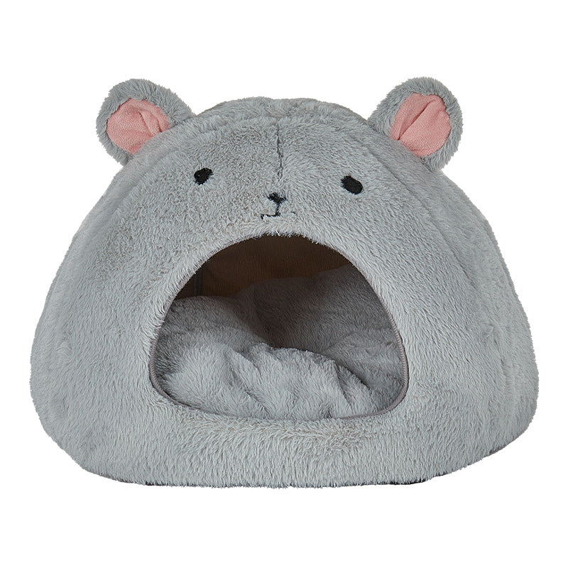 KFX-8754109 Comfortable Soft Fluffy Cat and Dog House Mat - Funny Mouse and Cat Design, Cotton Fabric, Light Gray