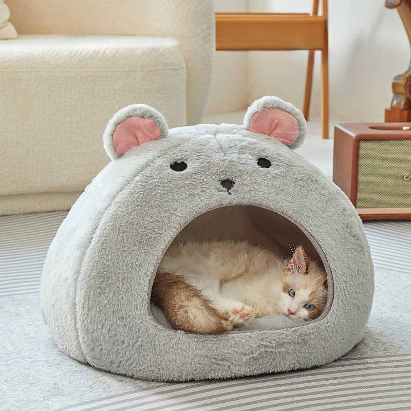 KFX-8754109 Comfortable Soft Fluffy Cat and Dog House Mat - Funny Mouse and Cat Design, Cotton Fabric, Light Gray