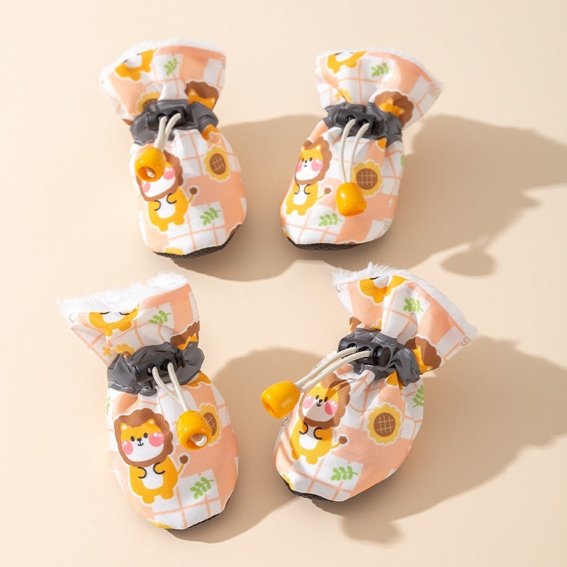 KFX-8756669 Soft Soled Warm Velvet Dog Shoes in Sunflower Lion Plaid Design - 4 Pack